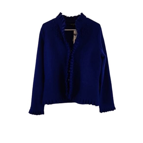 For Cynthia Dark Blue Wool Cardigan Sweater Button Closure Ruffled Size PL NWT - Picture 1 of 12